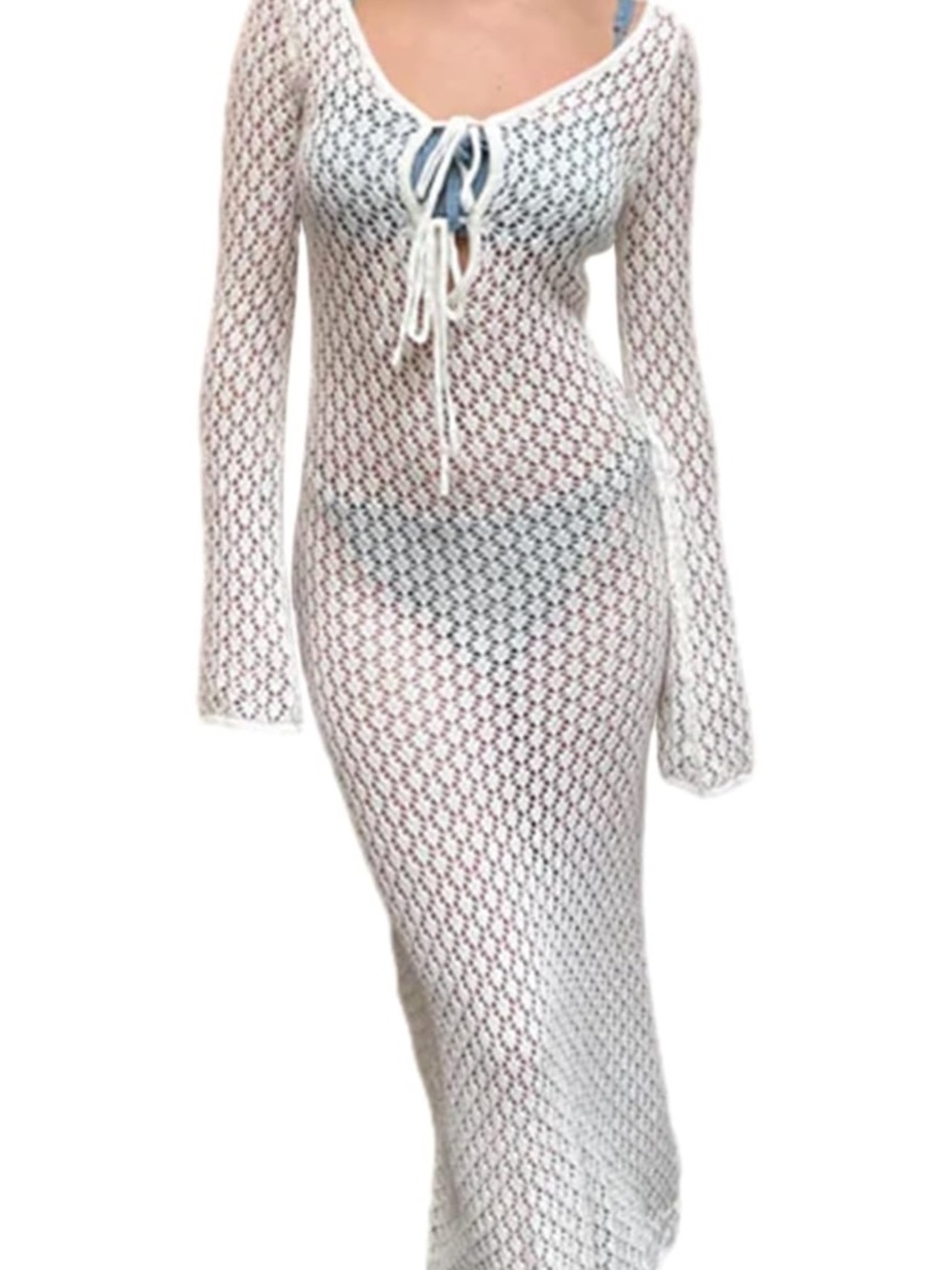 Sheer White Crochet Long Sleeve Swim Coverup Dress with fringe on the bottom